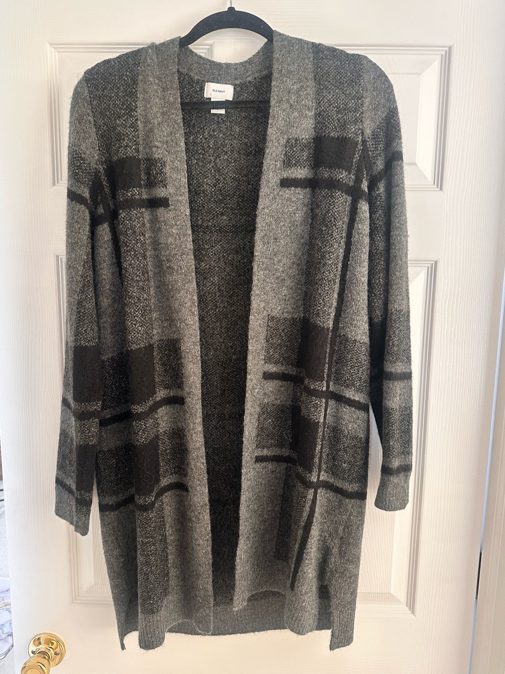 Old Navy Gray & Black Plaid Open Front Cardigan Sweater | Longline Cozy Layer